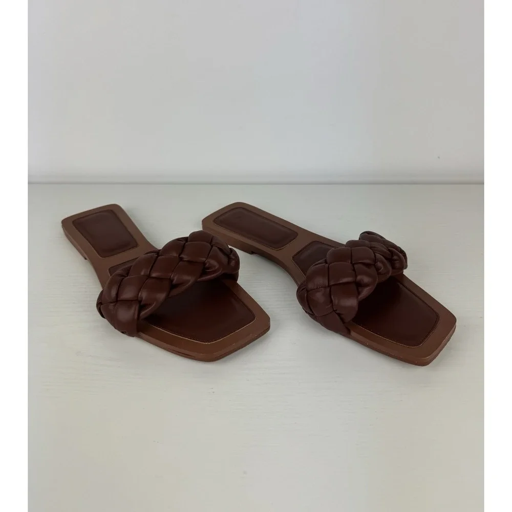 Womens Brown Braided Slide‎ Sandals Square Toe Slip On Flats Size 11 Woven Strap
